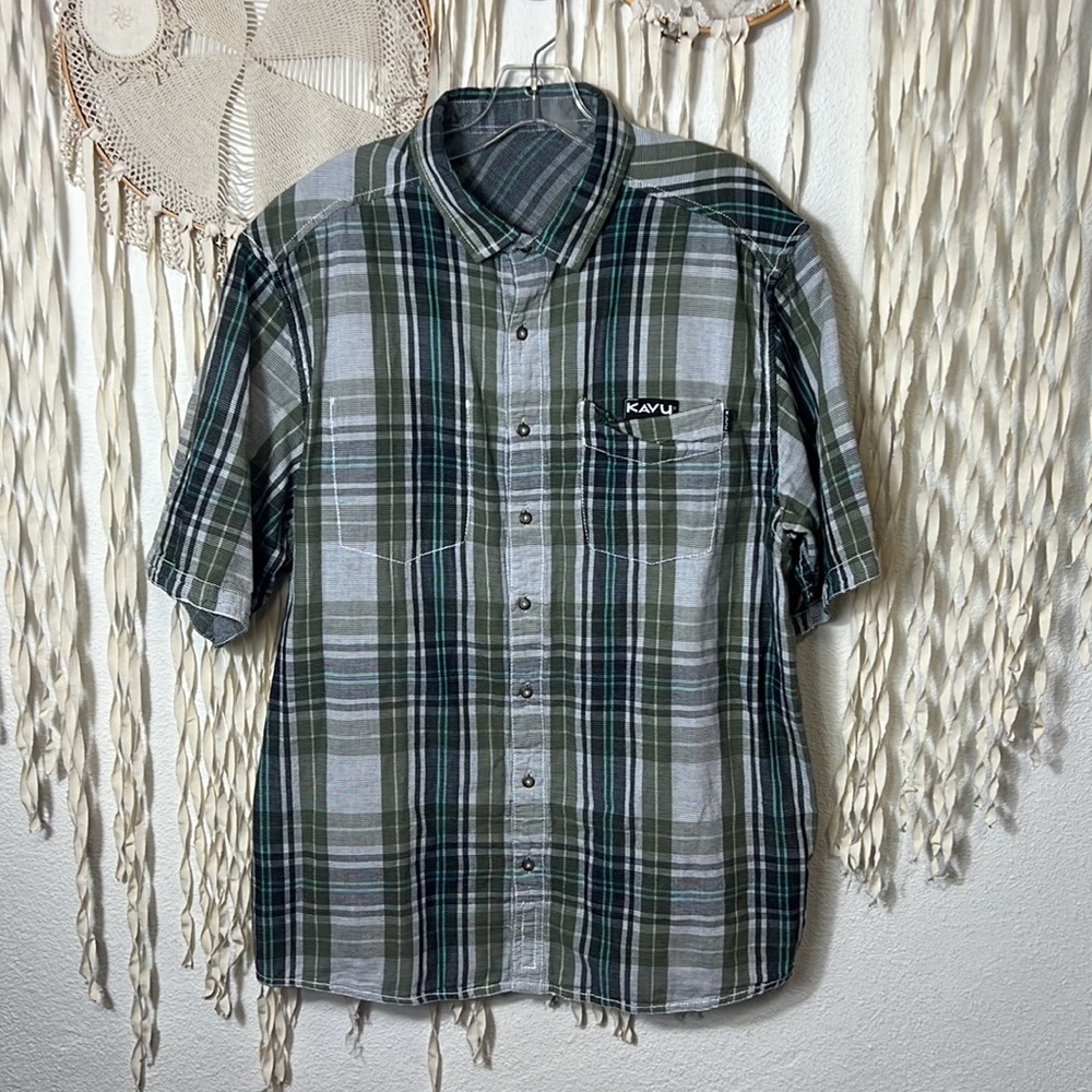 Kavu Green Gray Plaid Short-Sleeve Button-Down Shirt